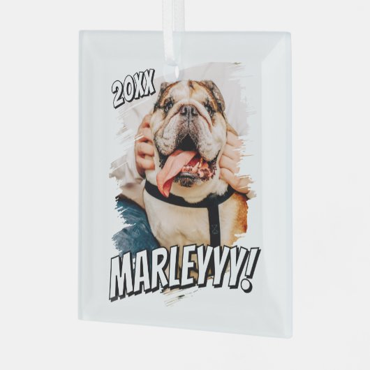 Moderne Comic Simple Grunge Custom Pet Photo Glas Ornament (Voorkant links)