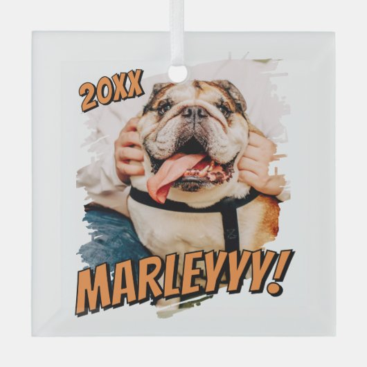 Moderne Comic Simple Grunge Custom Pet Photo Glas Ornament (Voorkant)