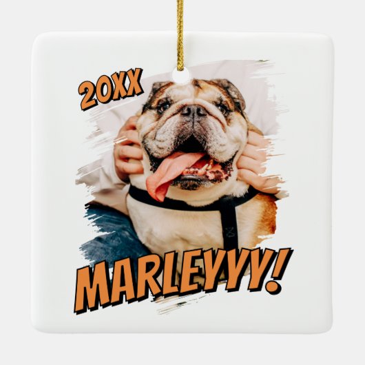 Moderne Comic Simple Grunge Custom Pet Photo Keramisch Ornament (Achterkant)