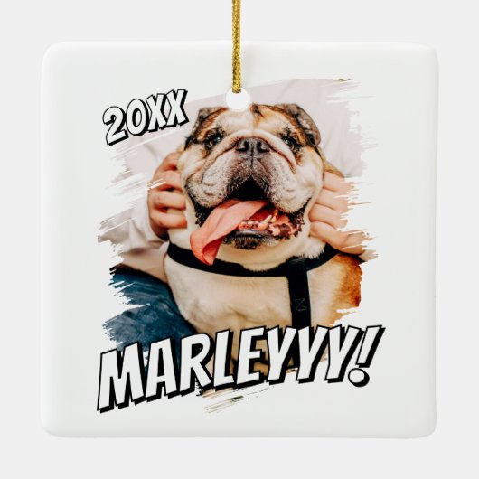 Moderne Comic Simple Grunge Custom Pet Photo Keramisch Ornament (Achterkant)