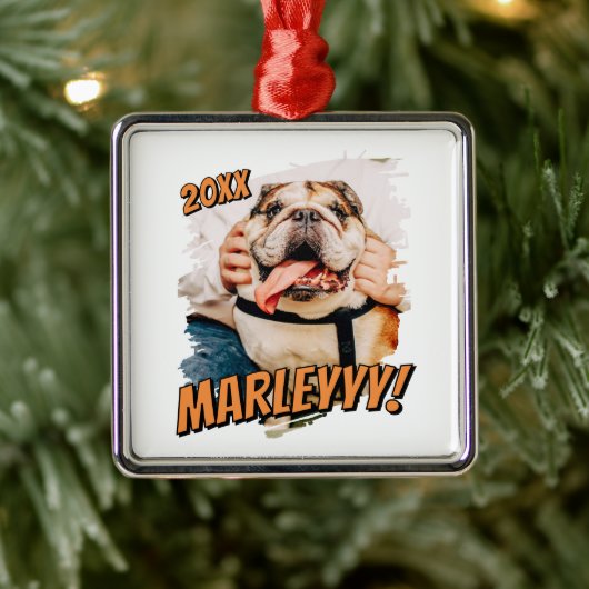 Moderne Comic Simple Grunge Custom Pet Photo Metalen Ornament (Boom)