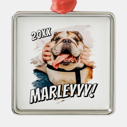 Moderne Comic Simple Grunge Custom Pet Photo Metalen Ornament (Voorkant)