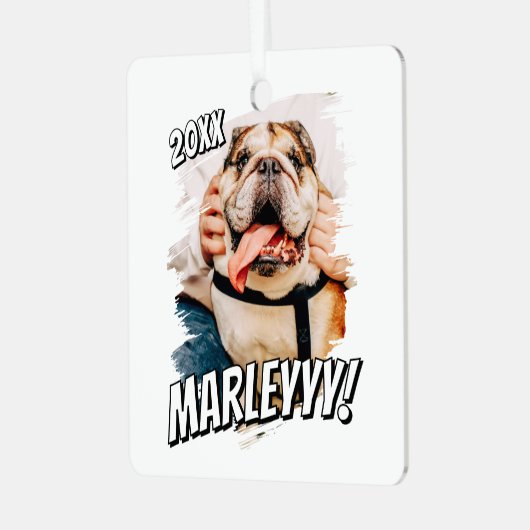 Moderne Comic Simple Grunge Custom Pet Photo Metalen Ornament (Voorkant links)