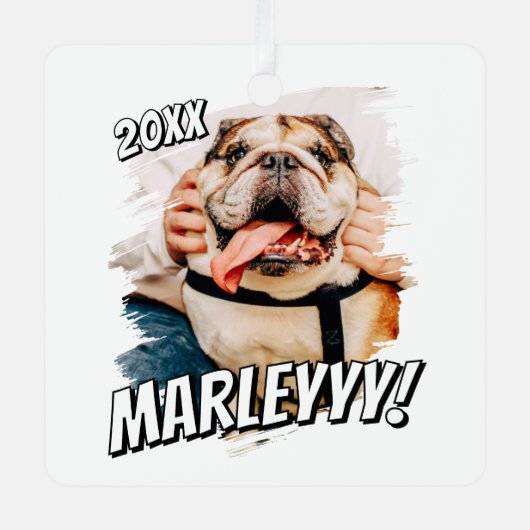 Moderne Comic Simple Grunge Custom Pet Photo Metalen Ornament (Voorkant)