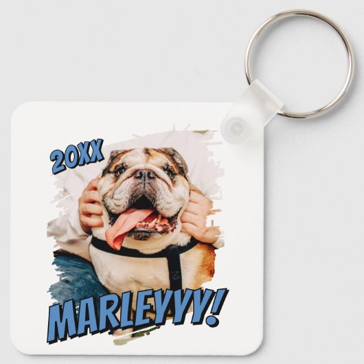 Moderne Comic Simple Grunge Custom Pet Photo Sleutelhanger (Achterkant)