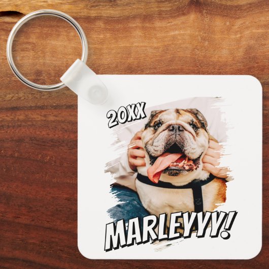 Moderne Comic Simple Grunge Custom Pet Photo Sleutelhanger (Voorkant)