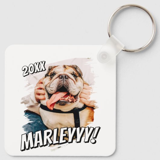 Moderne Comic Simple Grunge Custom Pet Photo Sleutelhanger (Achterkant)