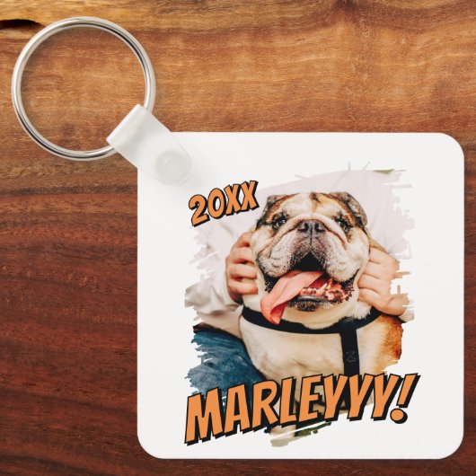 Moderne Comic Simple Grunge Custom Pet Photo Sleutelhanger (Voorkant)