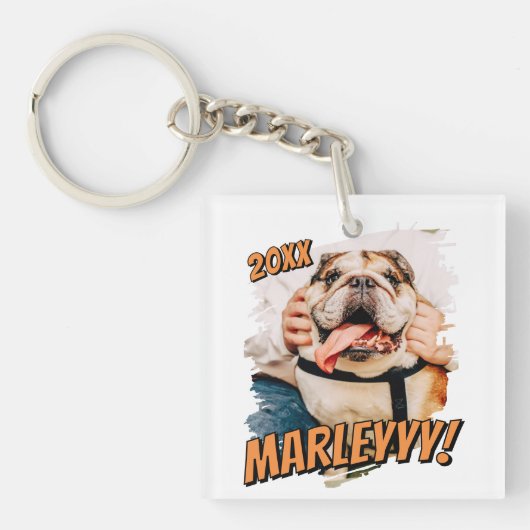 Moderne Comic Simple Grunge Custom Pet Photo Sleutelhanger (Voorkant)
