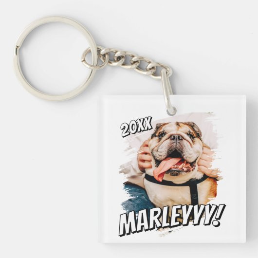 Moderne Comic Simple Grunge Custom Pet Photo Sleutelhanger (Voorkant)