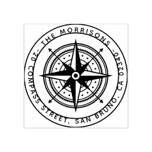 Moderne Compass Round Family Name & Return-adres Rubberstempel