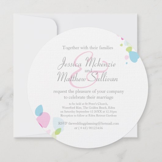 Moderne confetti bloemblaadje ronde bruiloft uitno kaart (Achterkant)