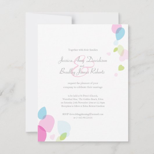 Moderne confetti bloemblaadjes kleurrijke bruiloft kaart (Achterkant)