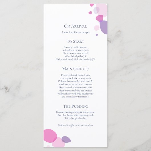 Moderne confetti bloemblaadjes roze blauw 4 gangen menu (Achterkant)