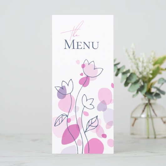 Moderne confetti bloemblaadjes roze blauw 4 gangen menu (Staand voorkant)