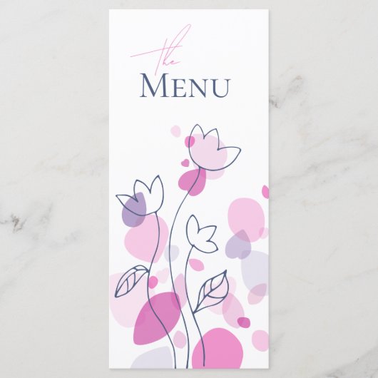Moderne confetti bloemblaadjes roze blauw 4 gangen menu (Voorkant)