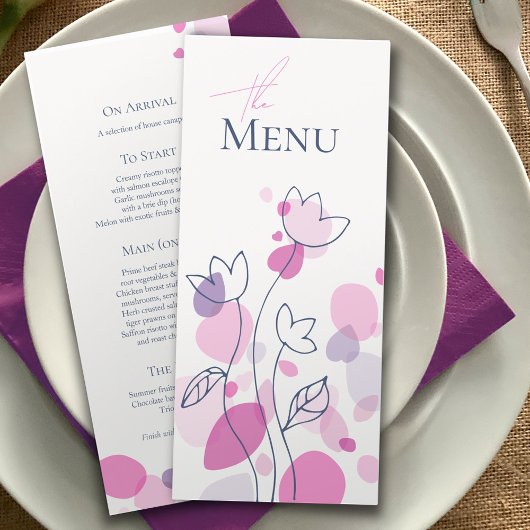 Moderne confetti bloemblaadjes roze blauw 4 gangen menu