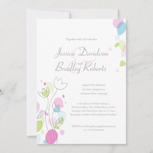 Moderne confetti bloemblaadjes roze foto bruiloft kaart (Voorkant)