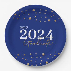 Moderne Confetti Blue Gold Klasse van 2024 Afstude Papieren Bordje