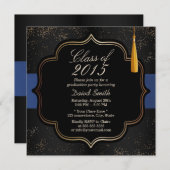 Moderne Confetti Blue Ribbon Dark Graduation Party Kaart (Voorkant / Achterkant)