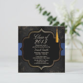 Moderne Confetti Blue Ribbon Dark Graduation Party Kaart (Staand voorkant)