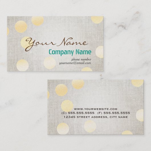 Moderne Confetti Gold Polka Dot Circle Linen Textu Visitekaartje (Voorkant / Achterkant)