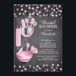 Moderne Confetti Kitchen Bridal Shower-uitnodiging Kaart<br><div class="desc">Moderne voorraad de keukenbridale doucheuitnodiging met een rolpin,  mengkom,  spatel,  pizzacutter,  whisky,  plantenschilder en maatlepels op een hedendaagse achtergrond van het krijtbord met een roze en zwarte stip.  Bezoek onze winkel om deze uitnodiging te uitzichten in allerlei populaire trouwdoucheruimten.</div>