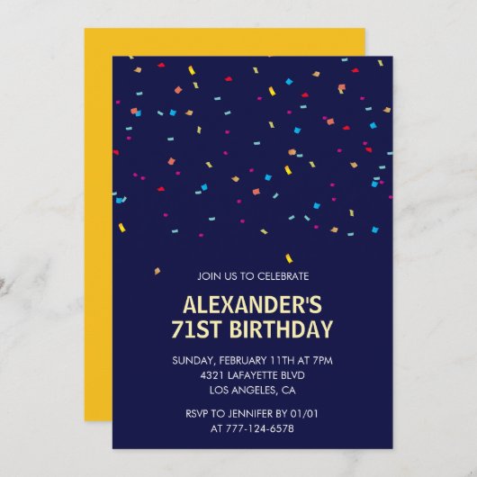 Moderne Confetti Navy Blue Mannen 71ste verjaardag Kaart (Voorkant / Achterkant)