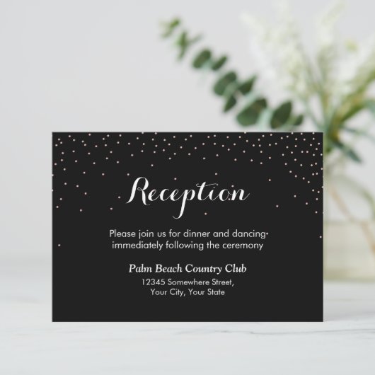 Moderne Confetti Stippen Black Wedding Reception Informatiekaartje (Staand voorkant)