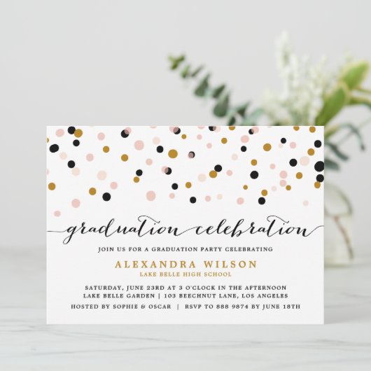 Moderne Confetti Stippen | Blush en Gold Afstudere Kaart (Staand voorkant)