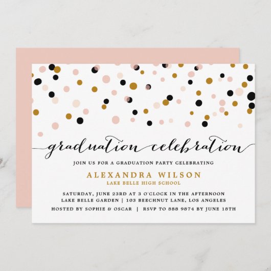 Moderne Confetti Stippen | Blush en Gold Afstudere Kaart (Voorkant / Achterkant)