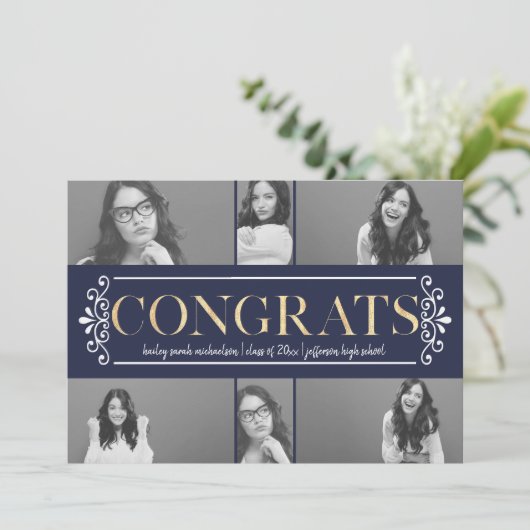 Moderne Congrats Fotocollage Afstudeerfeest Kaart (Staand voorkant)