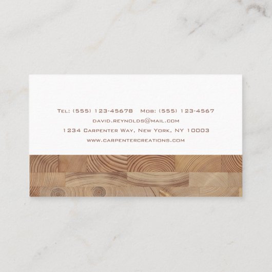 Moderne constructie van houten tapijten visitekaartje (Achterkant)