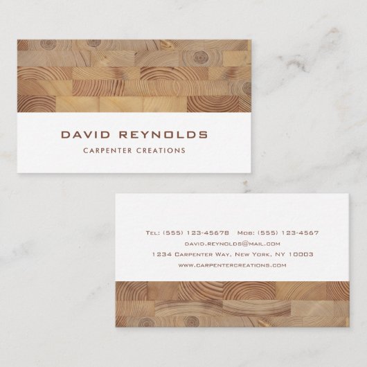 Moderne constructie van houten tapijten visitekaartje (Voorkant / Achterkant)