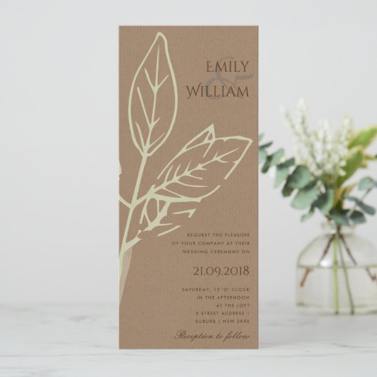 MODERNE CONTEMPORARY RUST KRAFT LEAVES WEDDING KAART (Staand voorkant)