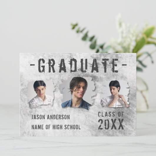 Moderne Cool Grunge 4 Photo Double Sided Afstudere Aankondiging (Staand voorkant)