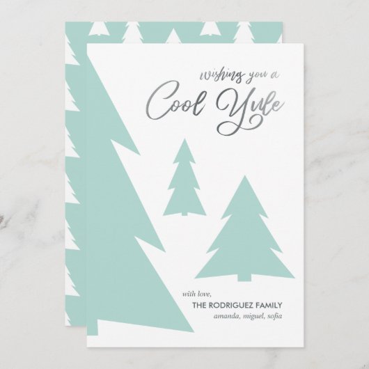 Moderne Cool Yule Script Mint Green Trees Feestdagenkaart (Voorkant / Achterkant)