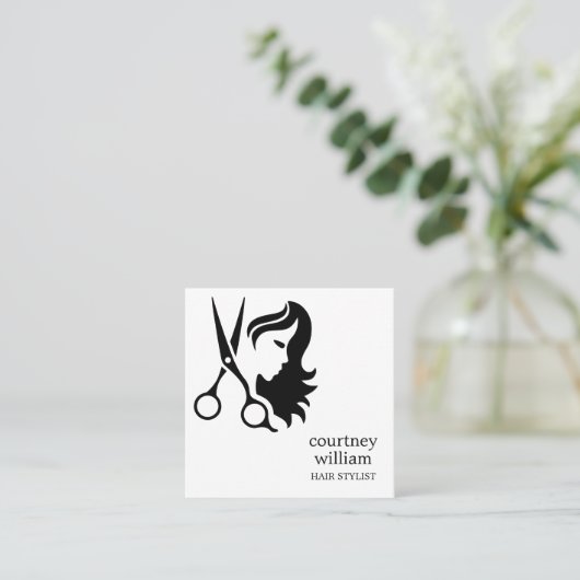 Moderne coole Simple Black White Hair Stylist Vierkante Visitekaartje (Staand voorkant)