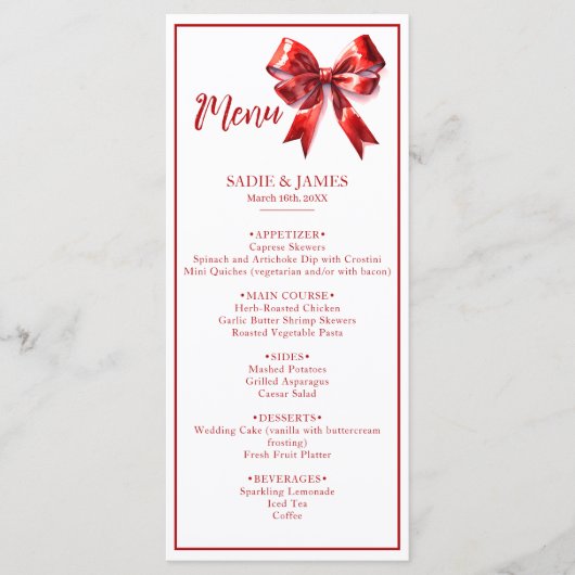 Moderne Coquette Red Bow Wedding Menu (Voorkant)