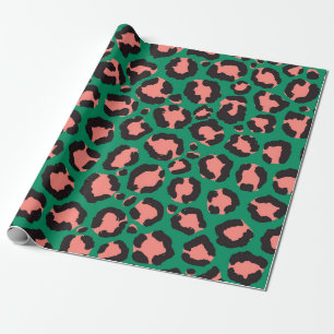 Moderne Coral Pink Black Green Leopard Animal Prin Cadeaupapier