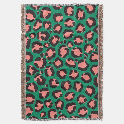 Moderne Coral Pink Black Green Leopard Animal Prin Deken (Voorkant Verticaal)