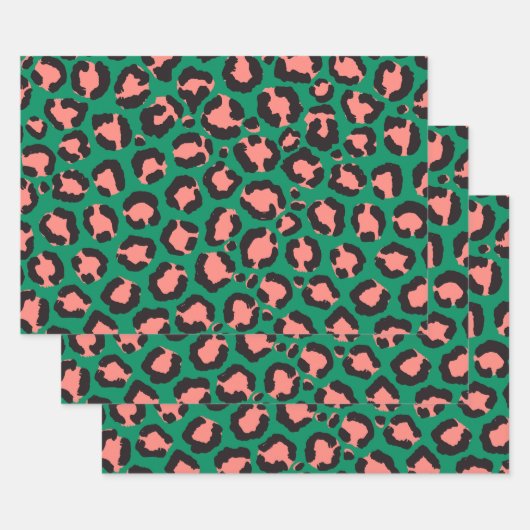 Moderne Coral Pink Black Green Leopard Animal Prin Inpakpapier Vel (Set)
