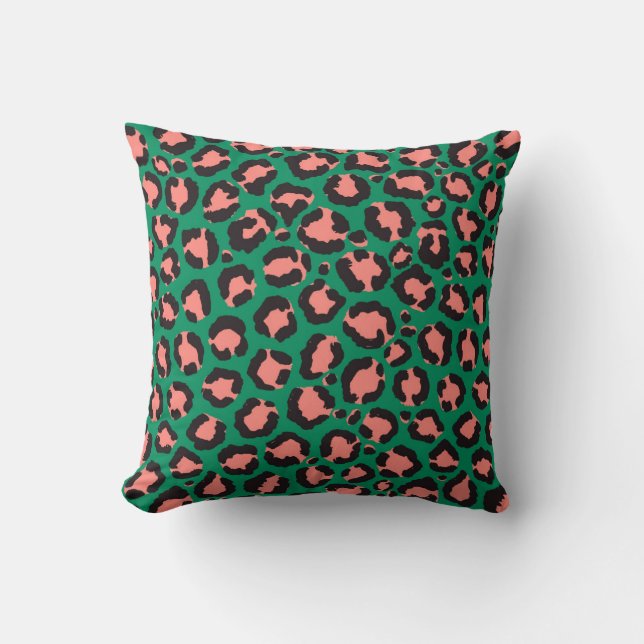 Moderne Coral Pink Black Green Leopard Animal Prin Kussen (Voorkant)