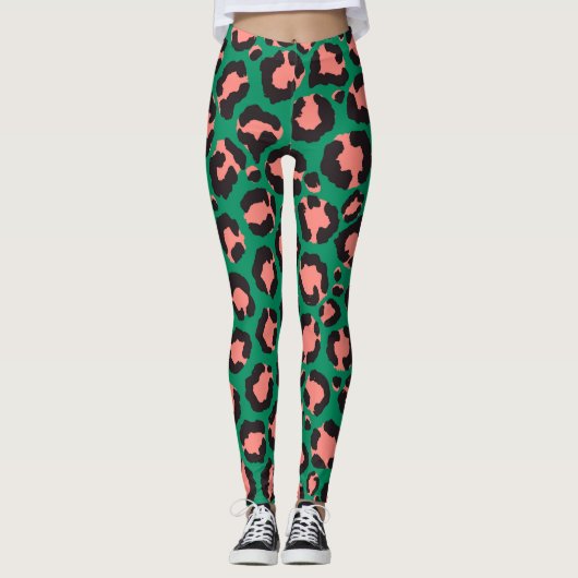Moderne Coral Pink Black Green Leopard Animal Prin Leggings (Voorkant)