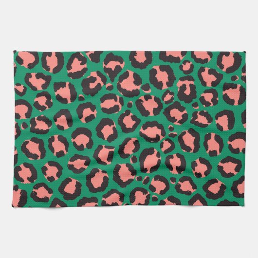 Moderne Coral Pink Black Green Leopard Animal Prin Theedoek (Horizontaal)