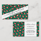 Moderne Coral Pink Black Green Leopard Animal Prin Visitekaartje (Voorkant / Achterkant)