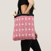 Moderne Coral Pink & White Geometric Shape Pattern Tote Bag (Dichtbij)