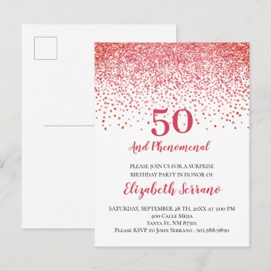 Moderne Coral Red Glitter Confetti 50th Birthday Uitnodiging Briefkaart (Voorkant / Achterkant)