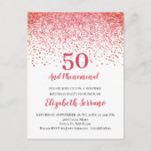 Moderne Coral Red Glitter Confetti 50th Birthday Uitnodiging Briefkaart (Voorkant)