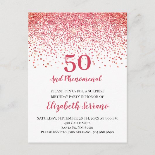 Moderne Coral Red Glitter Confetti 50th Birthday Uitnodiging Briefkaart (Voorkant)